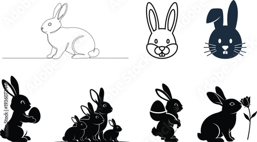 Collection of various rabbit silhouettes and line art illustrations