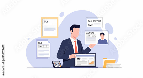 Professional accountant managing tax documents and financial reports for business.