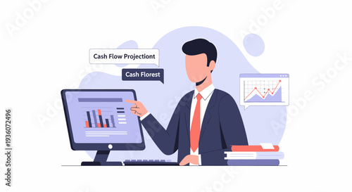 Professional businessman presenting cash flow projections and financial report on computer screen.