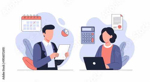 Professional man and woman collaborating on financial tasks and business projects.