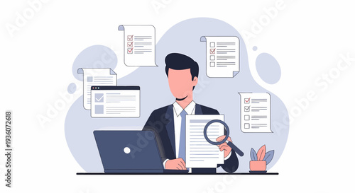 Professional man reviewing documents with magnifying glass at office desk.