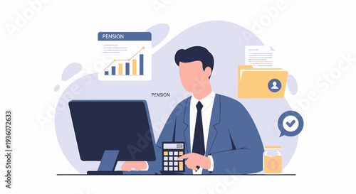 Professional man working on computer with calculator for business accounting and finance tasks.