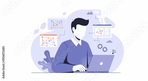 Professional man working on laptop analyzing business data and statistics.