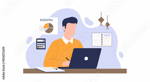 Professional man working on laptop doing financial calculations and budgeting tasks.