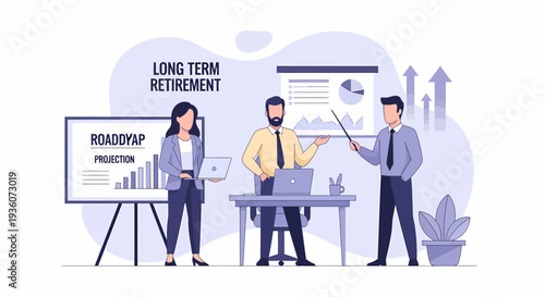 Three business professionals discussing long term retirement projections and financial planning strategies.
