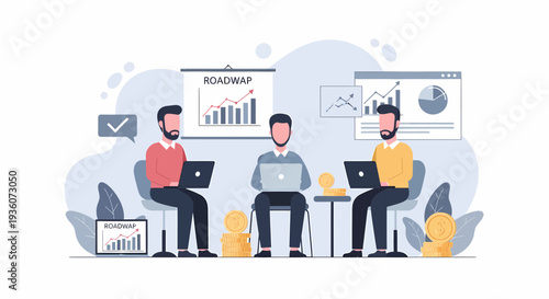 Three businessmen working on laptops in a modern office setting.