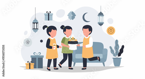 Three children celebrating Eid alFitr with gifts and joy.