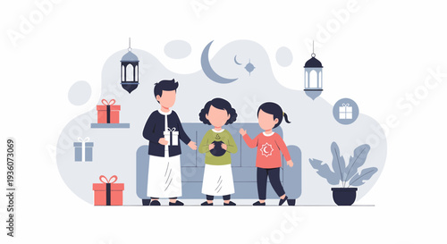 Three children celebrating Eid alFitr with gifts and traditional attire.