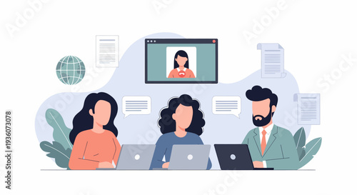 Three diverse business professionals collaborate remotely using laptops and video conferencing technology.