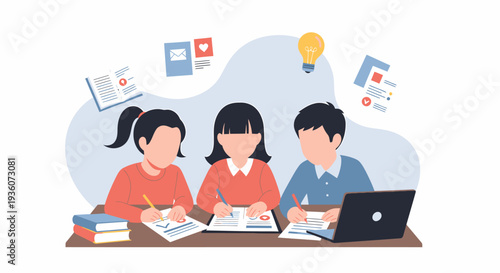 Three children studying together at a desk engaged in learning activities.