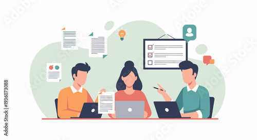 Three diverse business professionals collaborating effectively in a productive meeting environment.