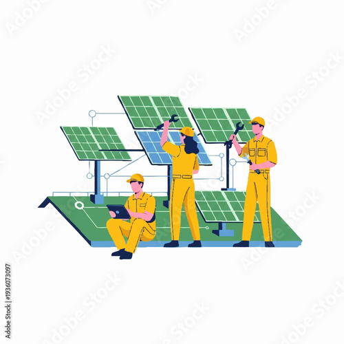 Solar Panel Installation Team Working Together.