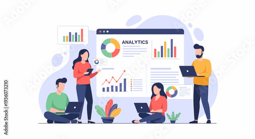 People analyzing business data and financial statistics using analytics dashboard.