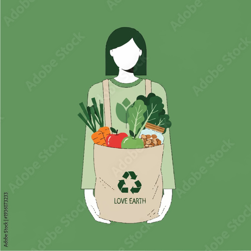 Woman holding a reusable bag filled with fresh organic vegetables.