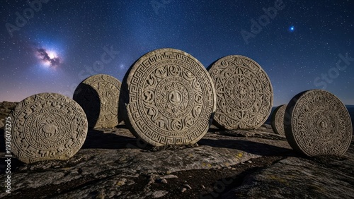 Ancient stone wheels etched with intricate designs stand on rocky terrain under a starry night sky