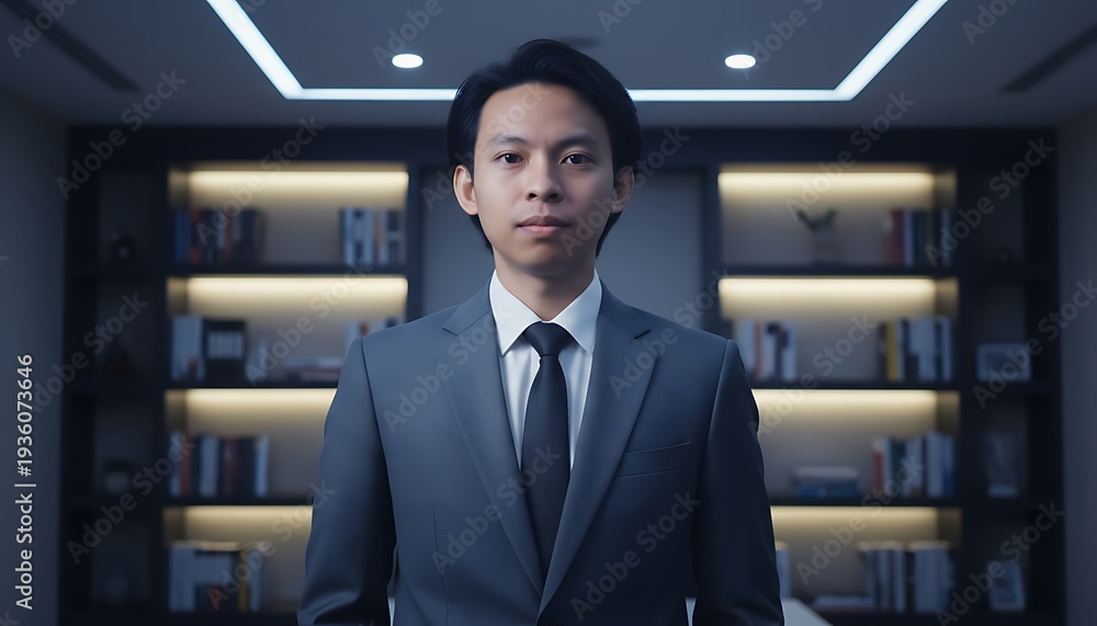 Fototapeta premium Professional asian businessman wearing a crisp suit standing with confidence in a modern office interior