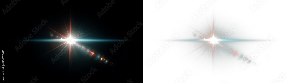 Fototapeta premium Bright lens flare starburst with glowing light beam rays sparkle particles and optical streak effect isolated on transparent background