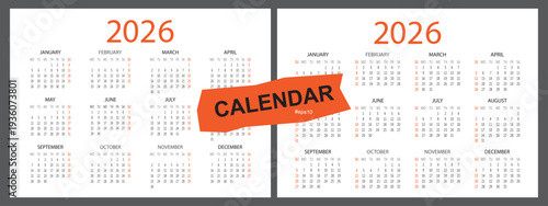 Calendar 2026 year. calendars date daily. Week starts on Sunday or Monday. Vector illustration isolated on white background