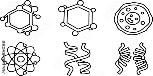 Scientific icon set with molecular structures, atom, DNA, and cell line illustrations