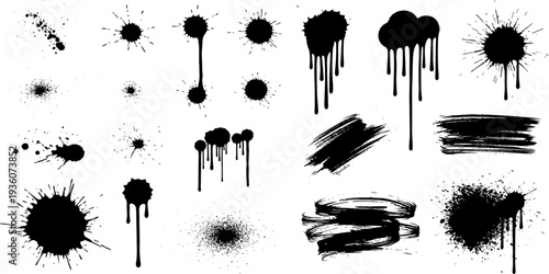 Collection of black ink splatter stains and grunge brush stroke elements set