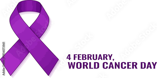 Purple ribbon cancer awareness banner with global support message and minimalist design