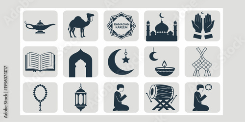 Set of Islamic culture line icons including mosque, Quran, camel, prayer, and lantern.