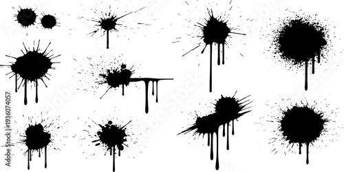 Set of black ink splatter stains with drips, drops, and abstract grunge textures.