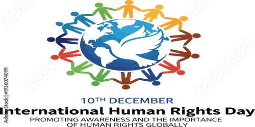 International Human Rights Day poster with globe, diverse people circle, and unity concept.