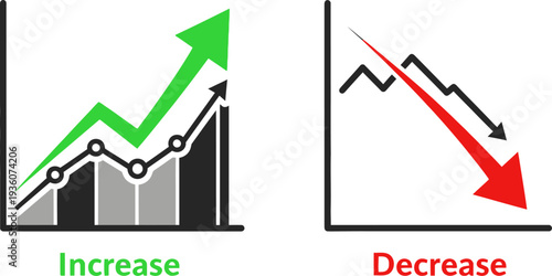 Business growth and decline charts with arrows showing financial trends, increase and decrease concepts.