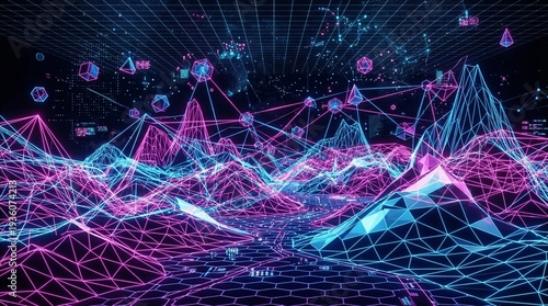 Abstract Digital Landscape with Neon Wireframe Mountains and Geometric Shapes