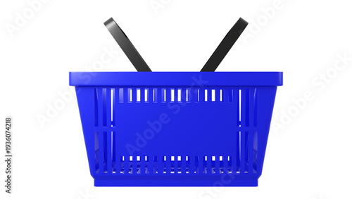Plastic shopping basket, blue empty store basket, supermarket shopping cart concept, 3D rendering, isolated on white background, retail, grocery, consumer shopping, market container.