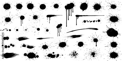 Set of black ink splatter and paint stains with drips, drops, and grunge textures.