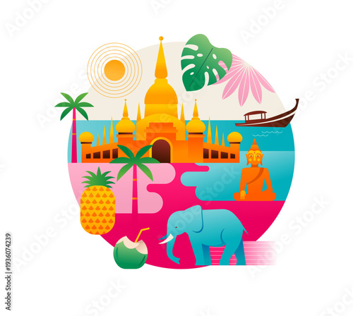 Thailand attractions, landmarks and symbols colorful icons collection.