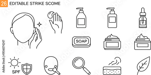 Set of skincare and hygiene line icons including face care, soap, lotion, and protection.