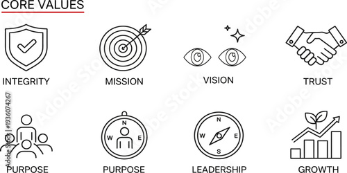 Set of core values line icons including integrity, mission, vision, trust, leadership, growth.