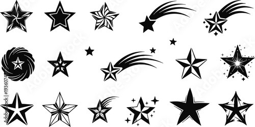 Set of star icons and shooting stars with decorative sparkles in various styles.