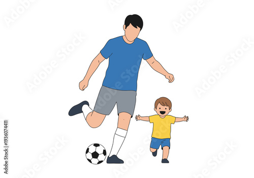 Father and Son Playing Soccer Together Outdoors.