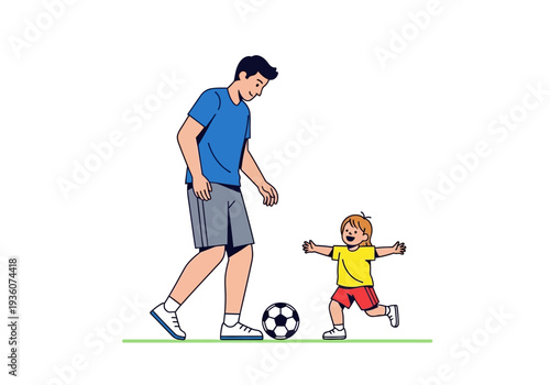 Father and Son Playing Soccer Together Outdoors.