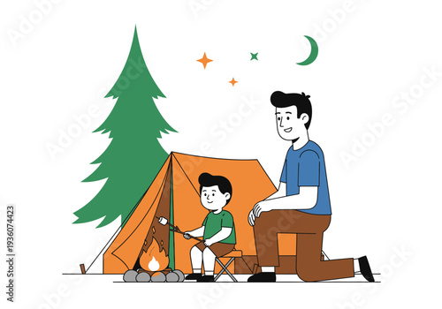 Father and son camping by a campfire roasting marshmallows.