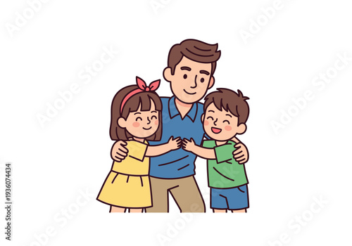 Father hugging his two happy children with love and joy.