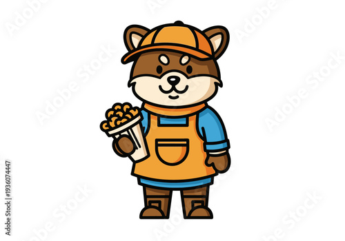Cute cartoon dog character wearing a cap and apron holding a cup of popcorn.