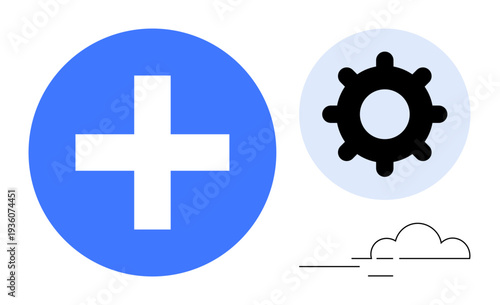 Healthcare and technology symbols. A blue medical cross s healthcare, paired with a black gear technology integration. Healthcare advancements, app development, cloud services, system upgrades