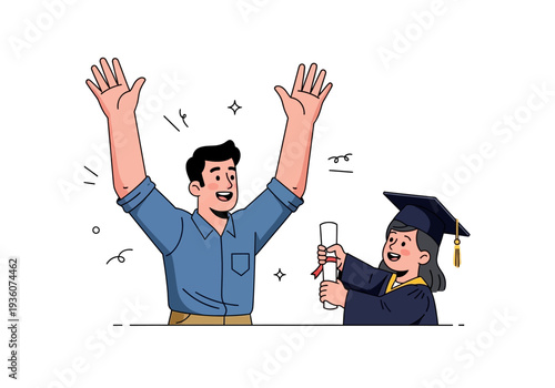 Happy graduate receiving diploma with proud parent celebrating achievement.