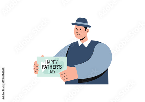 Man holding happy fathers day card wearing hat and vest.