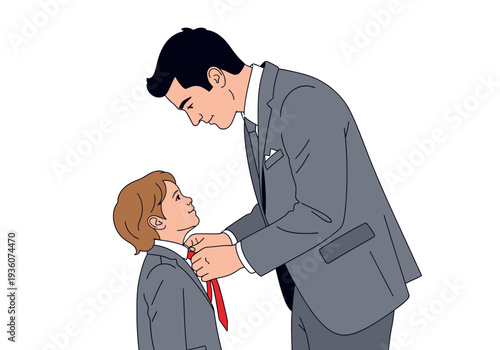 Father helping son tie his tie in a suit.