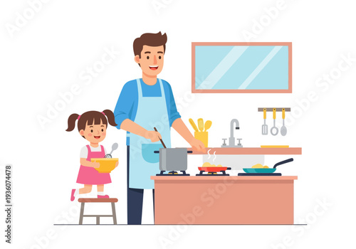 Father and daughter cooking together in the kitchen.