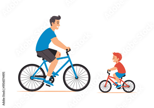 Father and Son Cycling Together on a Sunny Day.