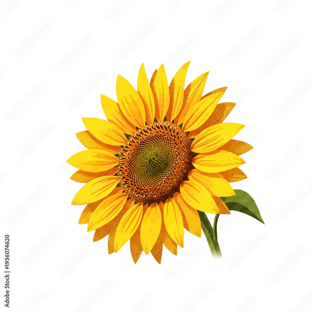 Obraz premium Vibrant Yellow Sunflower Vector Illustration - A Beautiful Botanical Icon with Detailed Petals and Green Leaves