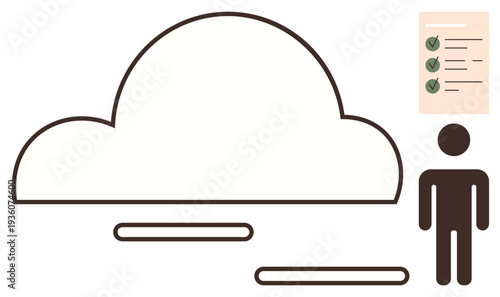 Data storage, cloud services, digital organization, process management, online documentation, user systems. Cloud with checklist and person silhouette. Data storage and cloud services concept