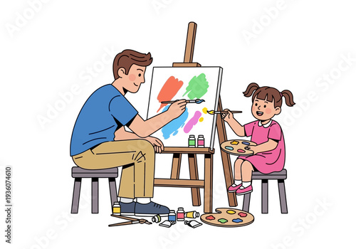 Father and Daughter Enjoying Painting Together on an Easel.